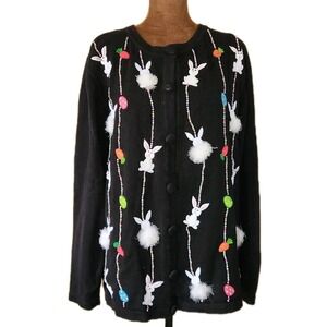 Vintage Easter Bunny Cardigan Sweater Beaded Embroidered 3D Size M Relaxed